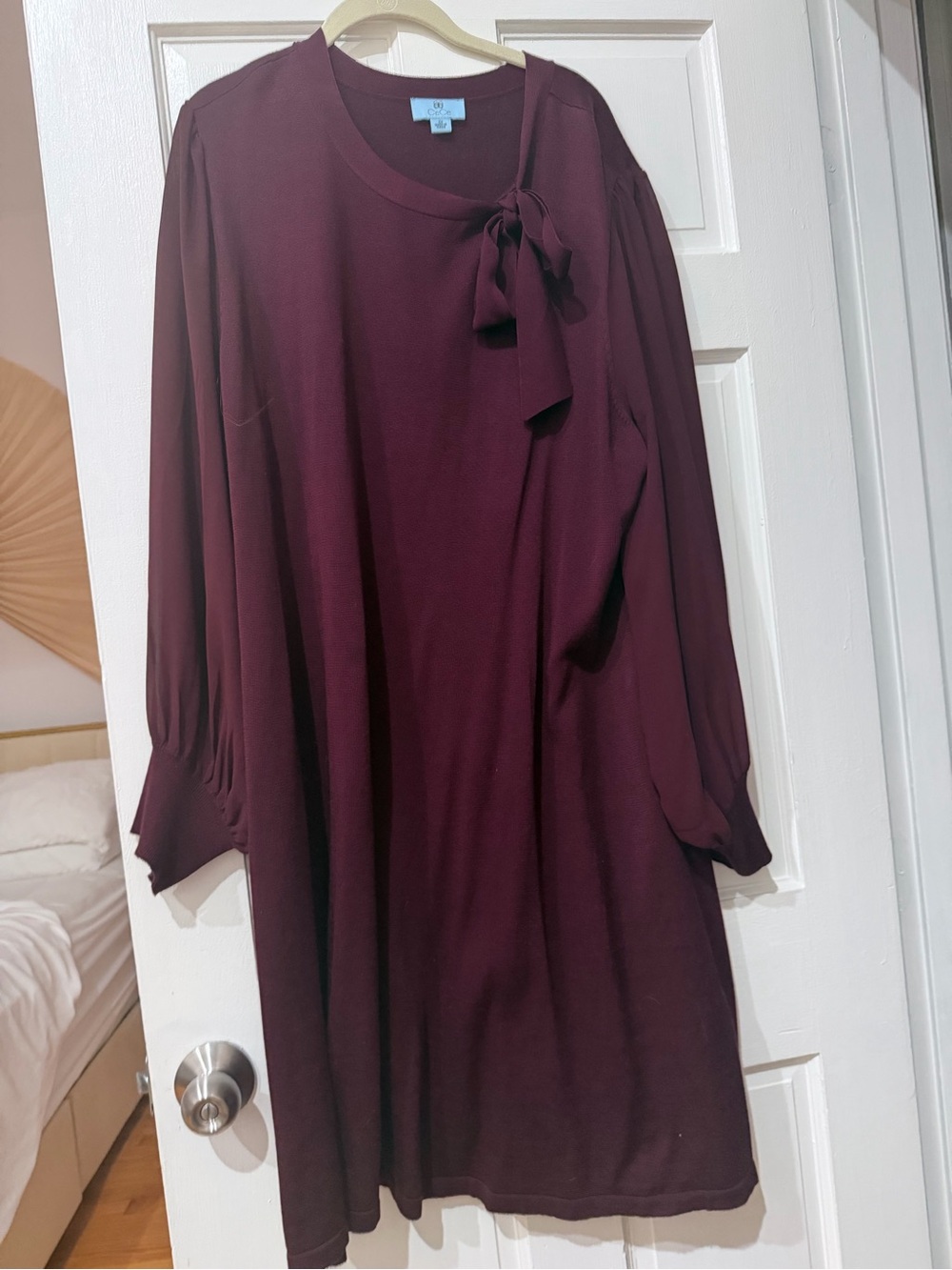 CeCe Wine Long-Sleeve Tie-Neck Dress